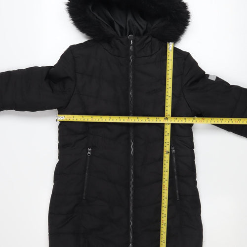 Regatta Girls Black Hooded Puffer Coat 7-8 Years Winter Mid-Length