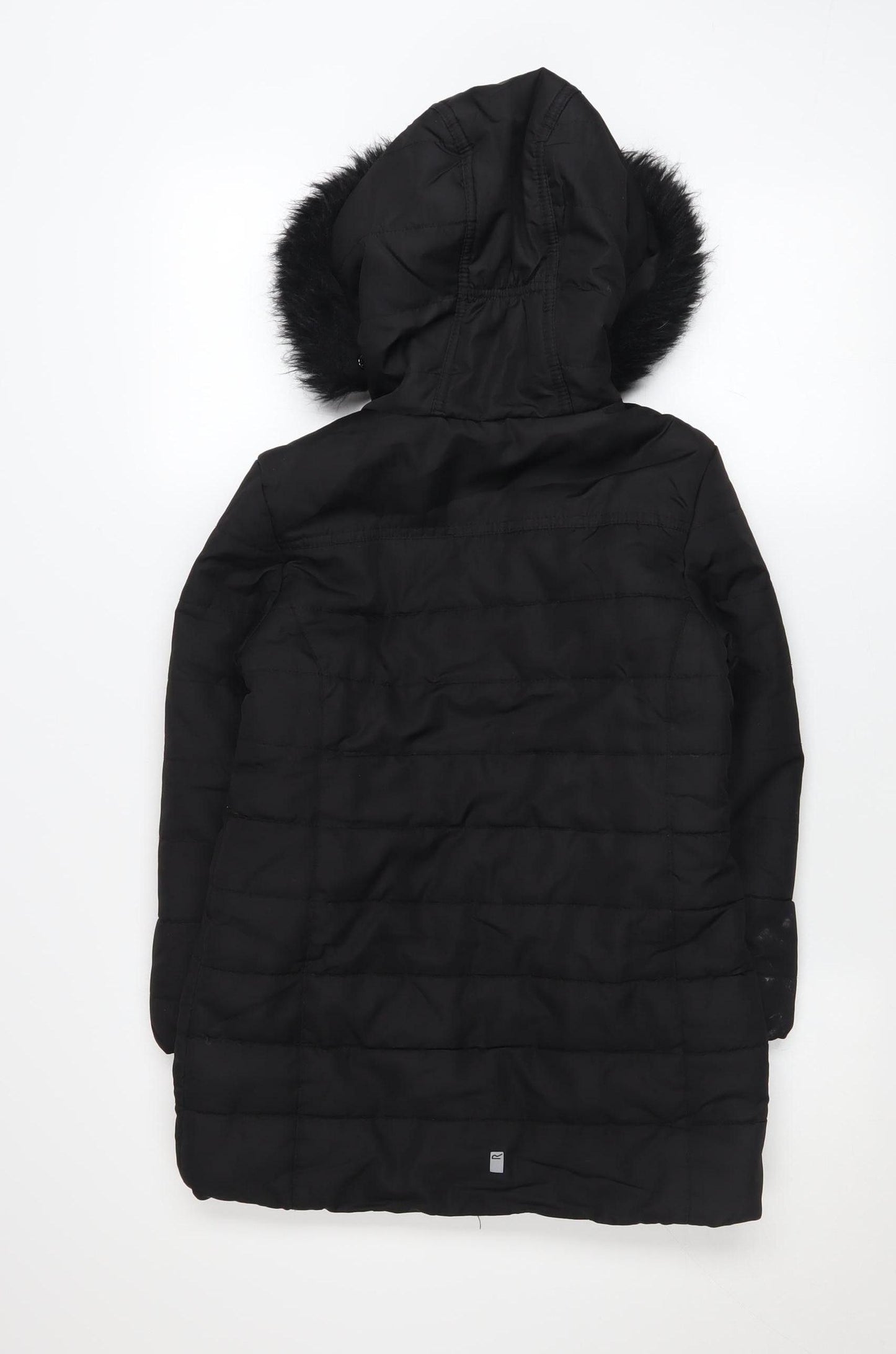 Regatta Girls Black Hooded Puffer Coat 7-8 Years Winter Mid-Length