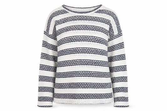 Front view of New Look women’s blue white striped knit boat neck jumper, size UK 10