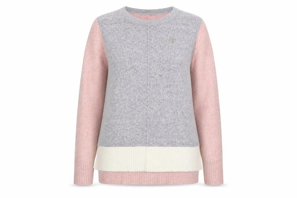 Front view of Oasis women’s multicoloured knit crew neck jumper, size S