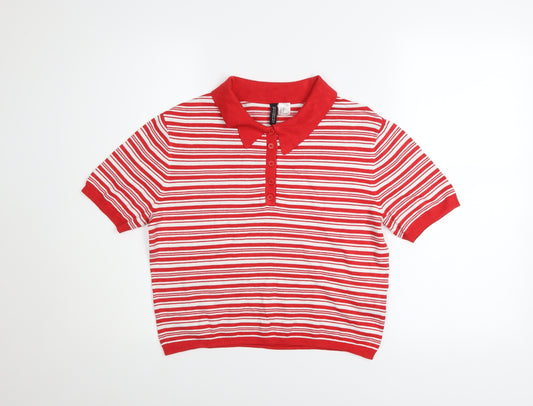 H&M Divided Women Red Striped Polo Shirt Size 12 Short Sleeve Knit