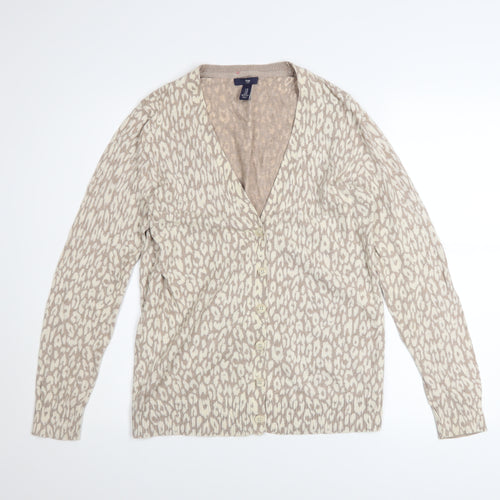 Gap Womens Beige Animal Print Cotton V-Neck Cardigan M