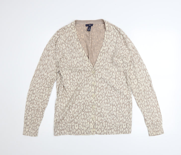 Gap Womens Beige Animal Print Cotton V-Neck Cardigan M