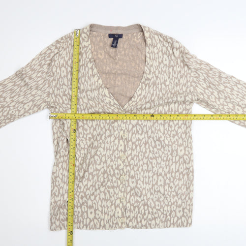 Gap Womens Beige Animal Print Cotton V-Neck Cardigan M