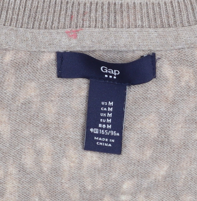 Gap Womens Beige Animal Print Cotton V-Neck Cardigan M