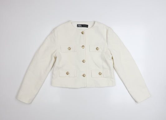 Zara Women Ivory Cotton Cropped Tweed Blazer XS