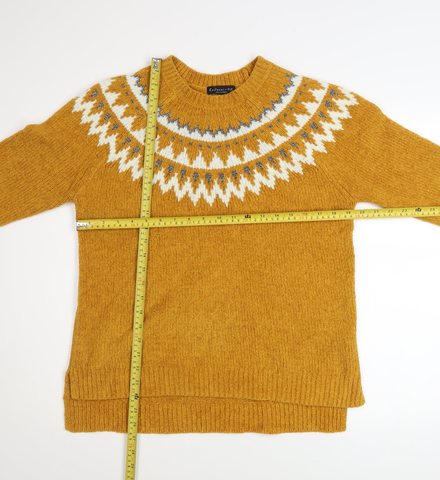F&F Women's Yellow Fair Isle Knit Pullover Jumper UK 10