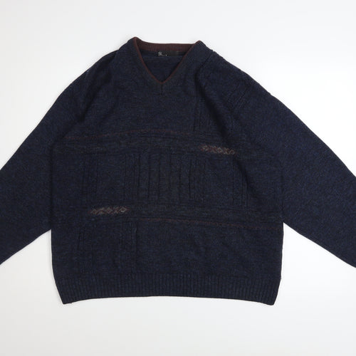 BH Men's Blue Wool Blend V-Neck Knitted Pullover Jumper Size M