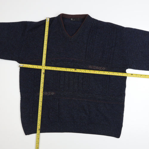 BH Men's Blue Wool Blend V-Neck Knitted Pullover Jumper Size M