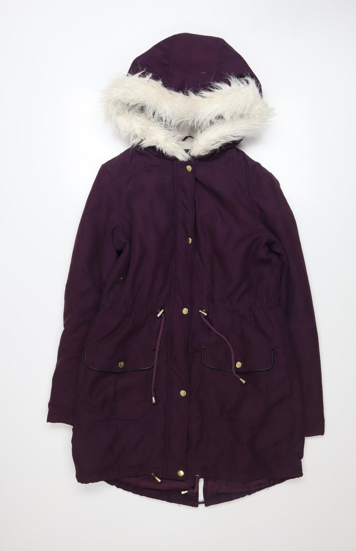 Dorothy Perkins Women’s Purple Faux Fur Hooded Parka Coat Size 10