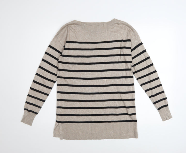 F&F Women’s Beige Striped Boat Neck Long Sleeve Pullover Jumper Size 4