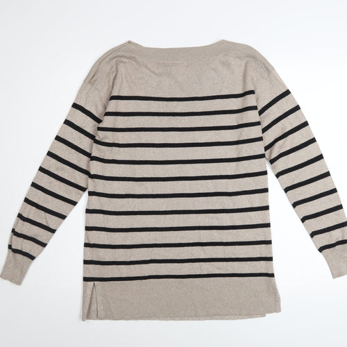 F&F Women’s Beige Striped Boat Neck Long Sleeve Pullover Jumper Size 4