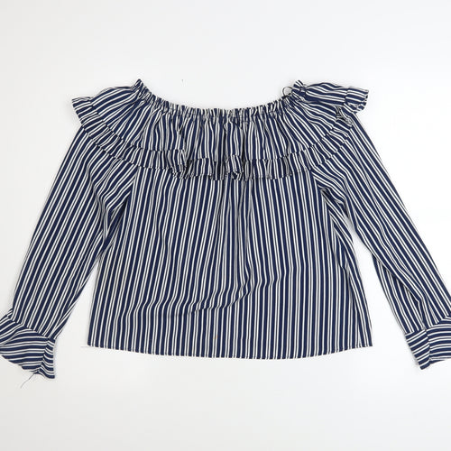 H&M Divided Womens Blue Striped Off Shoulder Ruffle Blouse Size 8