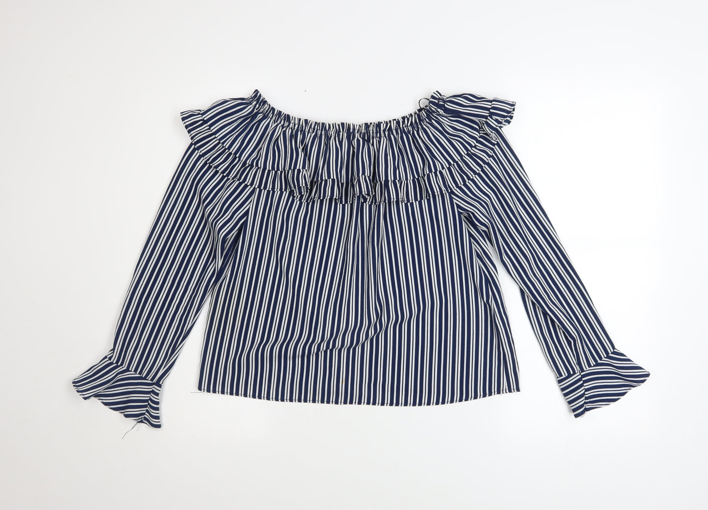 H&M Divided Womens Blue Striped Off Shoulder Ruffle Blouse Size 8