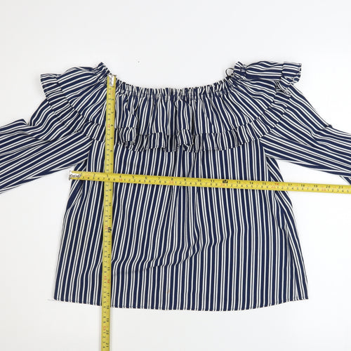 H&M Divided Womens Blue Striped Off Shoulder Ruffle Blouse Size 8