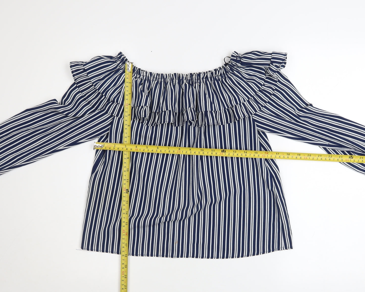 H&M Divided Womens Blue Striped Off Shoulder Ruffle Blouse Size 8