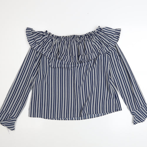 H&M Divided Womens Blue Striped Off Shoulder Ruffle Blouse Size 8