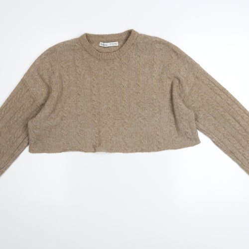 Bershka Women Beige Cable-Knit Cropped Pullover Jumper Size 12