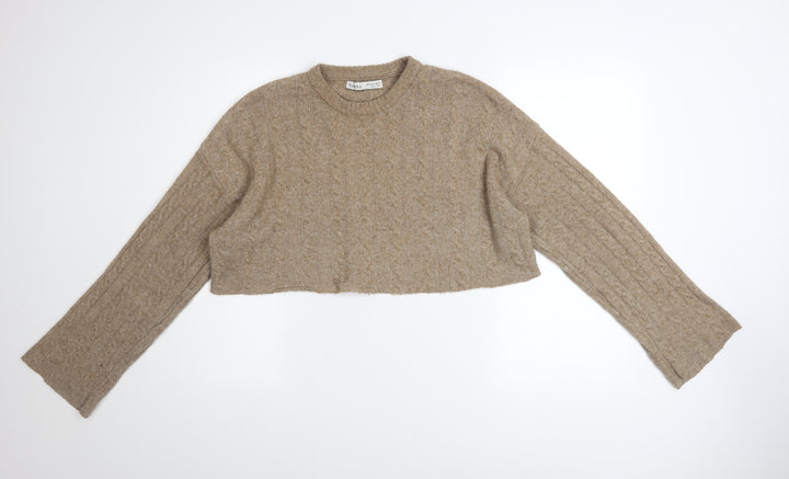 Bershka Women Beige Cable-Knit Cropped Pullover Jumper Size 12