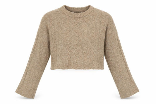 Front view of Bershka Women Beige Cable-Knit Cropped jumper, size 12