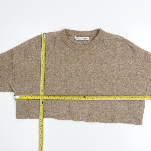 Bershka Women Beige Cable-Knit Cropped Pullover Jumper Size 12