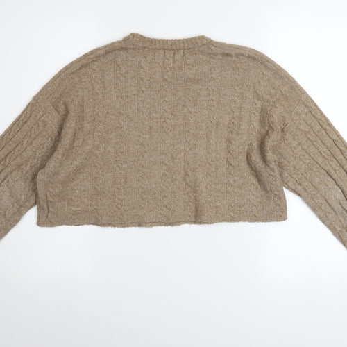 Bershka Women Beige Cable-Knit Cropped Pullover Jumper Size 12
