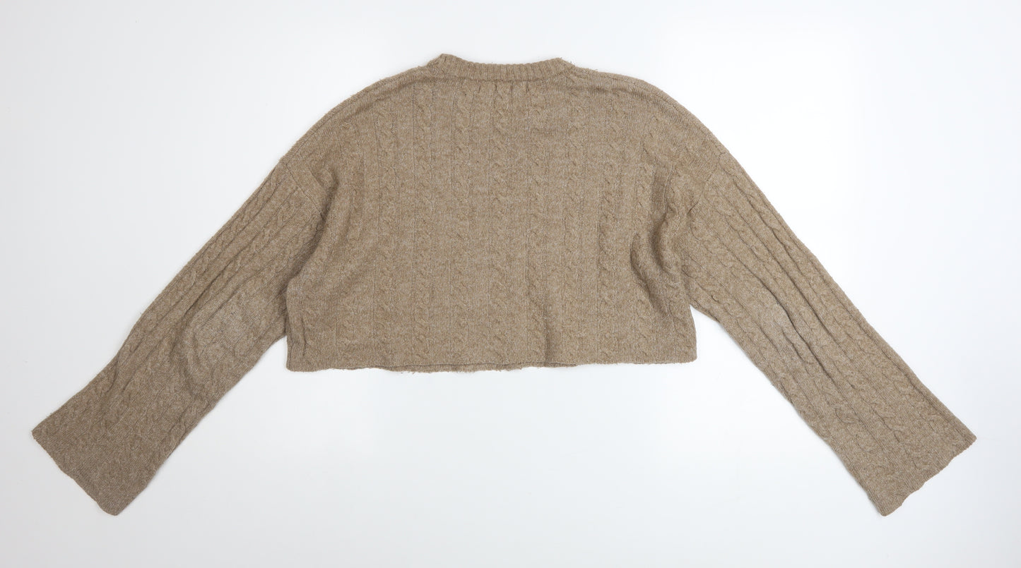 Bershka Women Beige Cable-Knit Cropped Pullover Jumper Size 12