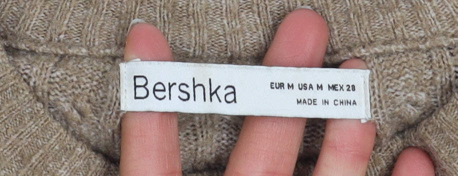 Bershka Women Beige Cable-Knit Cropped Pullover Jumper Size 12