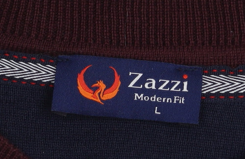Zazzi Men’s Red Wool Blend Crew Neck Jumper L Classic Fit