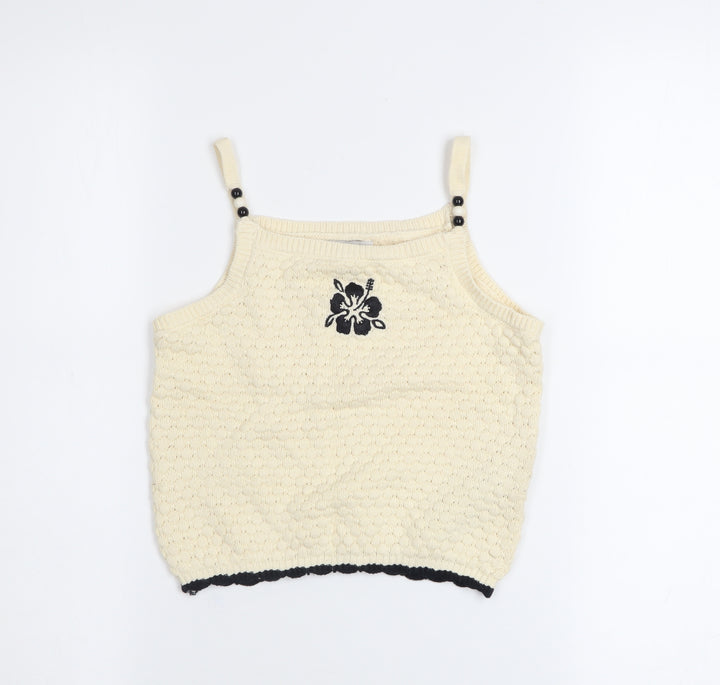 Primark Girls Beige Knit Camisole Tank Top 9-10 Years Embroidered Flower