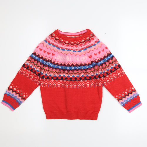 F&F Girls Red Christmas Fair Isle Pullover Jumper 4-5 Years