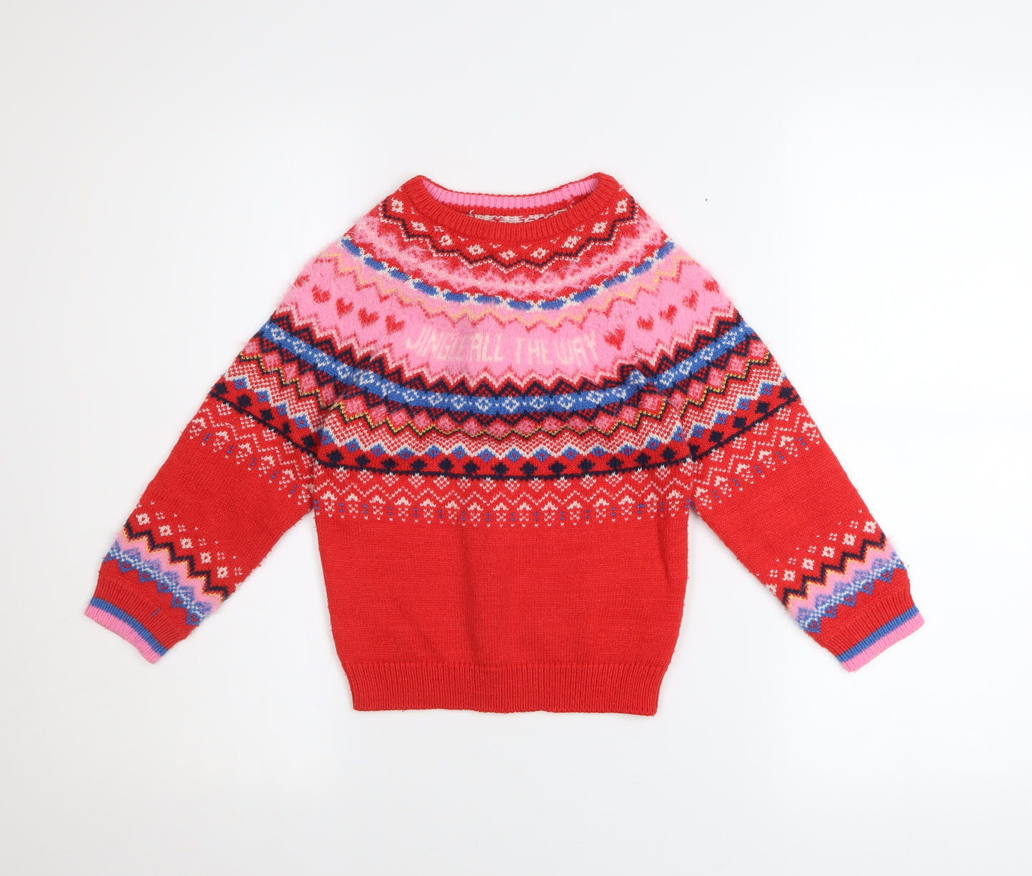 F&F Girls Red Christmas Fair Isle Pullover Jumper 4-5 Years
