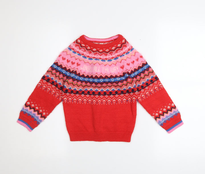 F&F Girls Red Christmas Fair Isle Pullover Jumper 4-5 Years
