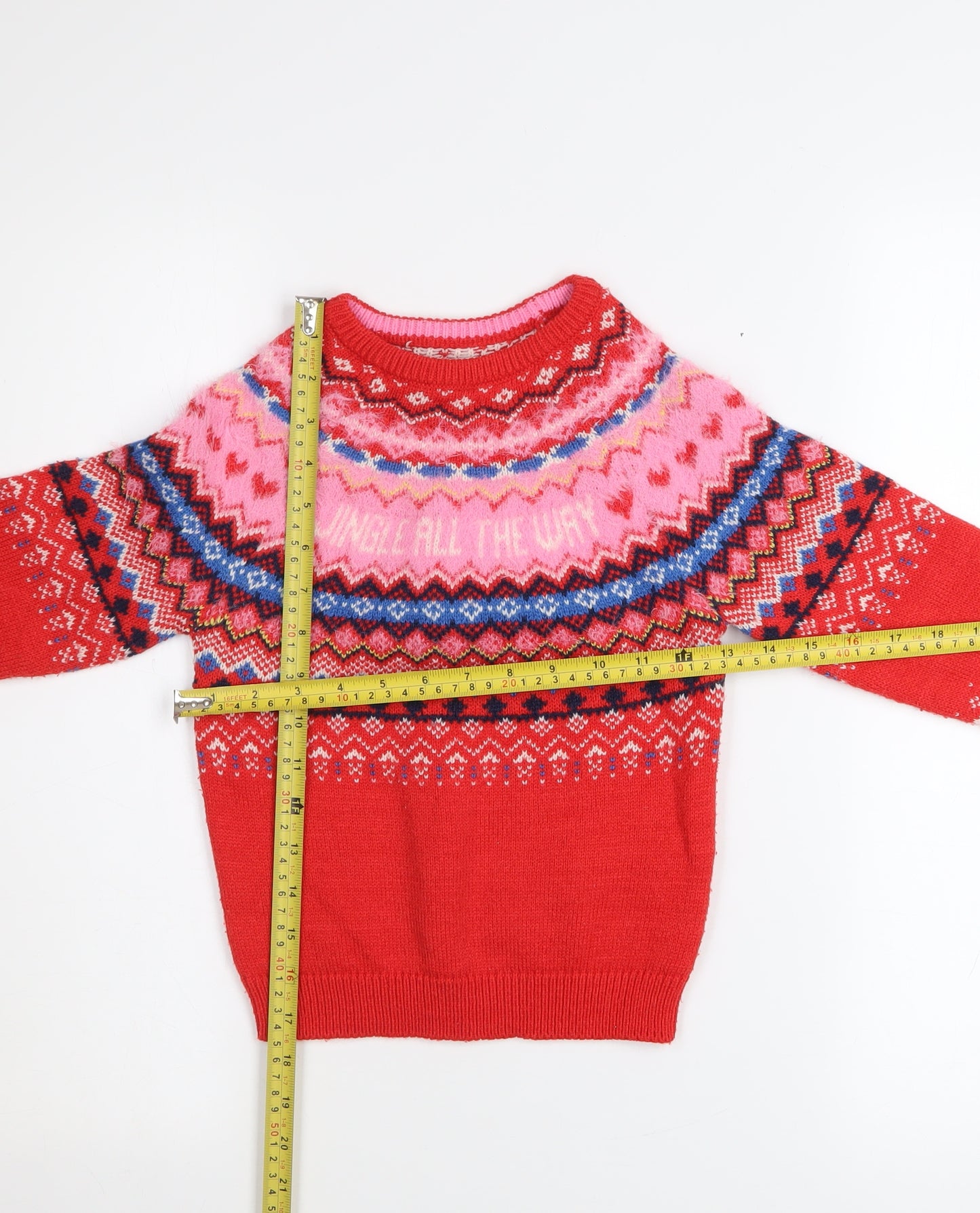 F&F Girls Red Christmas Fair Isle Pullover Jumper 4-5 Years