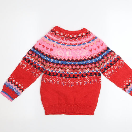 F&F Girls Red Christmas Fair Isle Pullover Jumper 4-5 Years