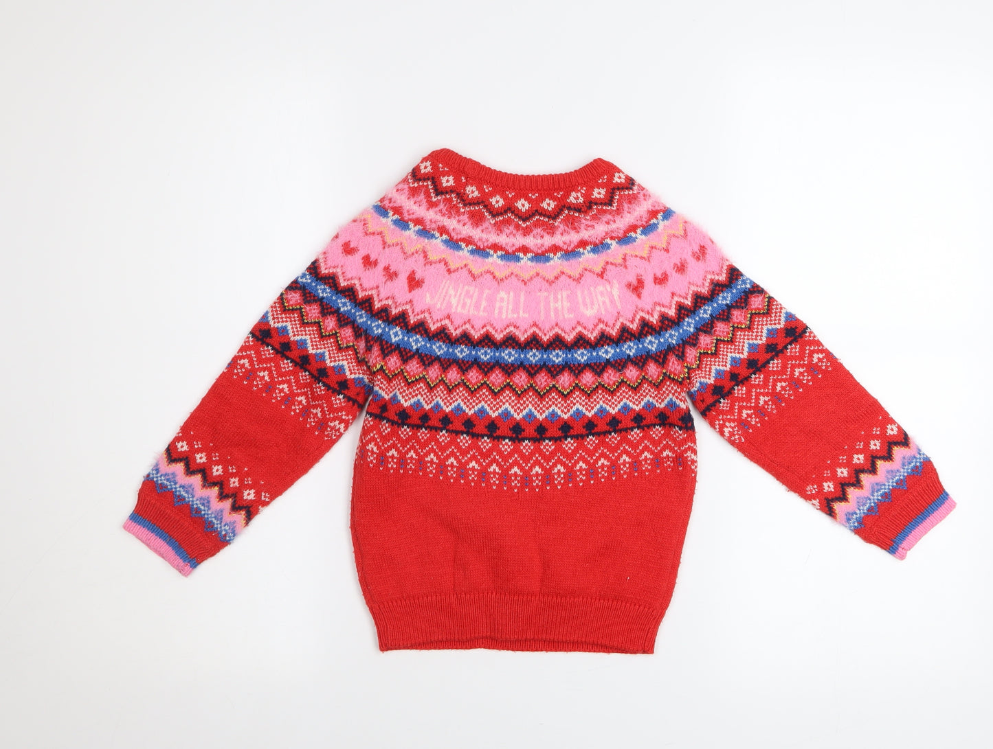 F&F Girls Red Christmas Fair Isle Pullover Jumper 4-5 Years