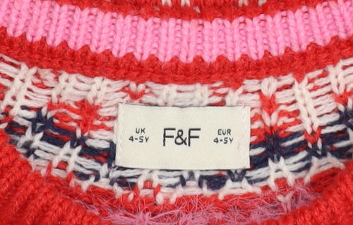 F&F Girls Red Christmas Fair Isle Pullover Jumper 4-5 Years