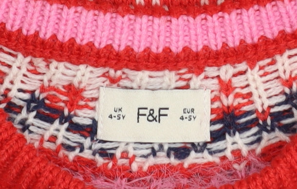 F&F Girls Red Christmas Fair Isle Pullover Jumper 4-5 Years