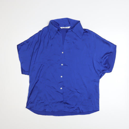 MNG Women's Blue Collared Button-Up Short Sleeve Relaxed Fit Blouse Size 12