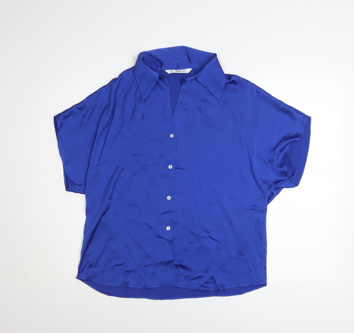 MNG Women's Blue Collared Button-Up Short Sleeve Relaxed Fit Blouse Size 12