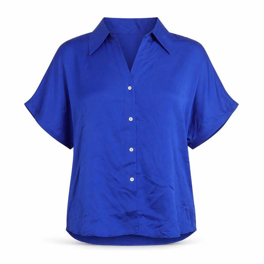 Front view of Mango Women's Blue Collared Button-Up Short Sleeve Relaxed Fit Blouse, size 12