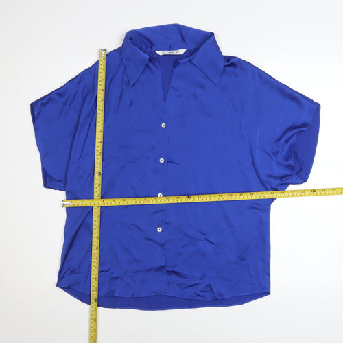 MNG Women's Blue Collared Button-Up Short Sleeve Relaxed Fit Blouse Size 12