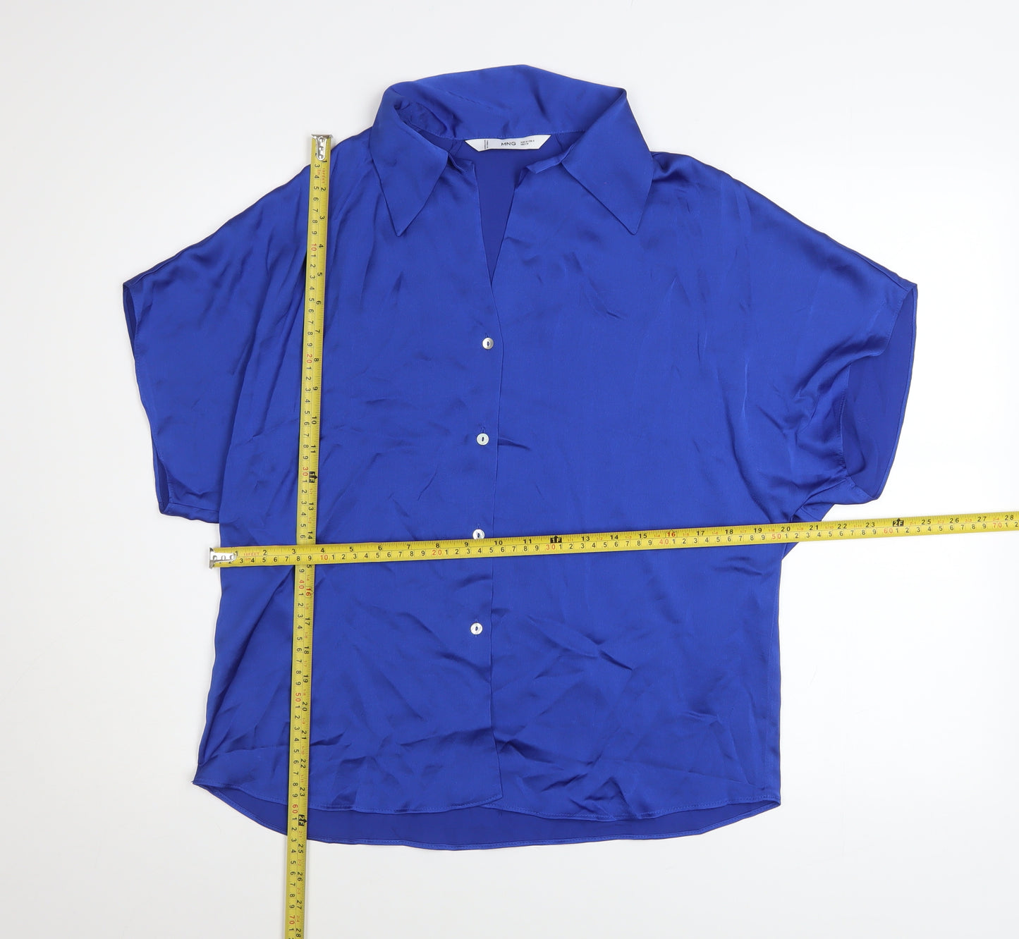 MNG Women's Blue Collared Button-Up Short Sleeve Relaxed Fit Blouse Size 12
