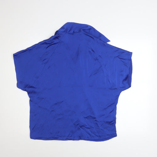 MNG Women's Blue Collared Button-Up Short Sleeve Relaxed Fit Blouse Size 12