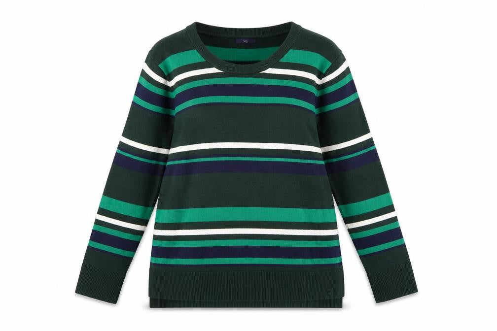 Front view of Gap women’s green striped long sleeve cotton jumper, size M