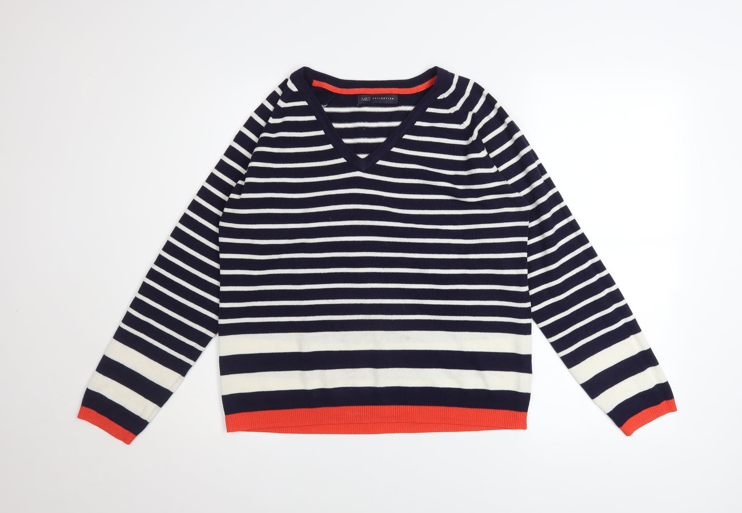Marks and Spencer Women’s Blue Striped V-Neck Jumper Size 12