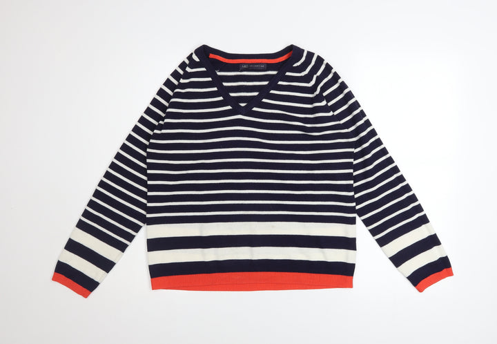Marks and Spencer Women’s Blue Striped V-Neck Jumper Size 12