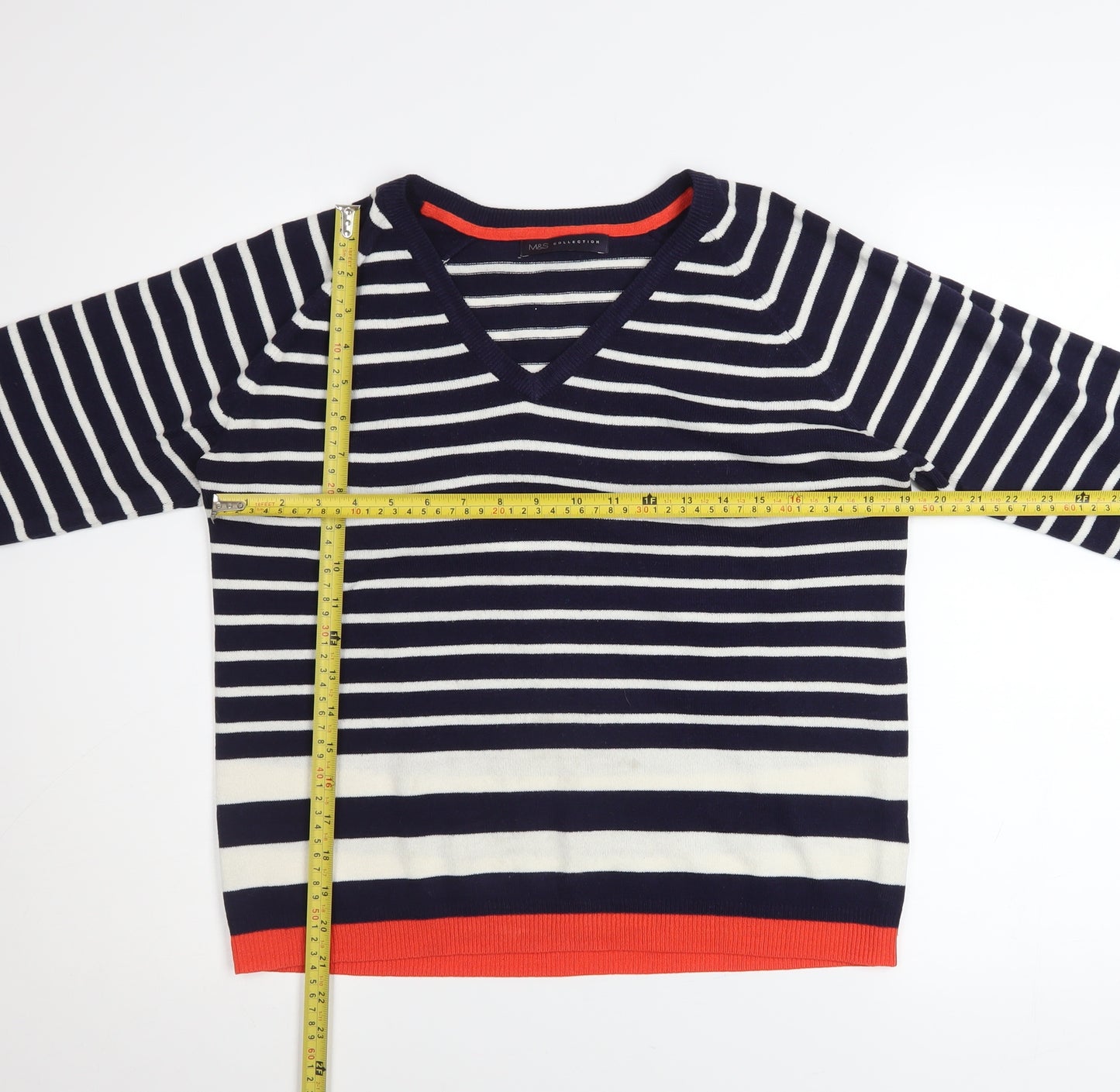 Marks and Spencer Women’s Blue Striped V-Neck Jumper Size 12