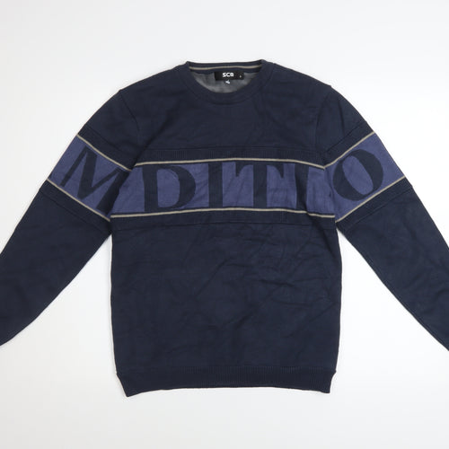 SCQ Mens Blue Crew Neck Graphic Logo Pullover Jumper Size L