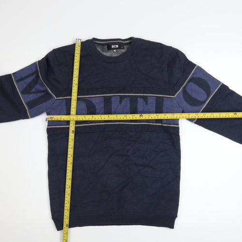 SCQ Mens Blue Crew Neck Graphic Logo Pullover Jumper Size L